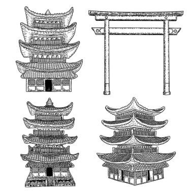 Torii kapıları ve kültürel ve dini Japon pagoda sarayı. Geleneksel Japon tarzı kapı. Japon antik mimarisi. Ruhani mezar ya da anıt seti. Vektör.