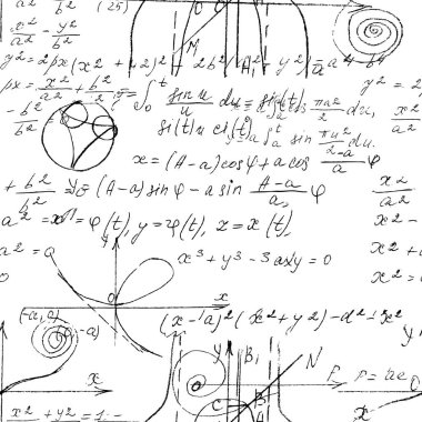 El yazısıyla yazılmış matematik, cebir ve geometri formülleri ve grafikleri, fonksiyonları, hesaplamaları ve işlemleri olan matematiksel dikişsiz doku. Vektör.