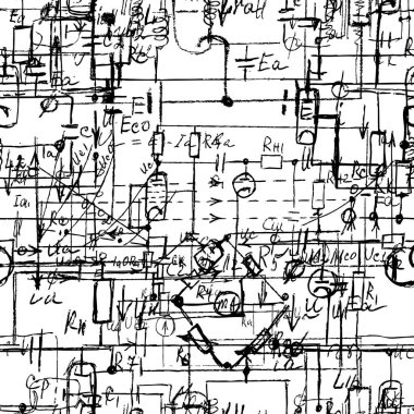 El yazısı formülleri ve elektronik bileşenleriyle bilimsel kusursuz doku. Fizik, şematik diyagram ve cihazların devreleri. Vektör. 