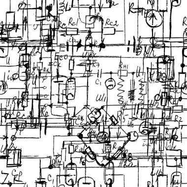 El yazısı formülleri ve elektronik bileşenleriyle bilimsel kusursuz doku. Fizik, şematik diyagram ve cihazların devreleri. Vektör. 