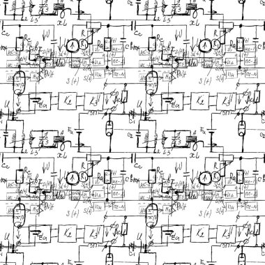 El yazısı formülleri ve elektronik bileşenleriyle bilimsel kusursuz doku. Fizik, şematik diyagram ve cihazların devreleri. Vektör. 