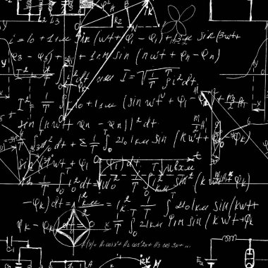 El yazısı formülleri ve elektronik bileşenleriyle bilimsel kusursuz doku. Tebeşir tahtalarına çeşitli grafik çözümlerinin çizimi. Fizik, şematik diyagram ve cihazların devreleri. Vektör. 
