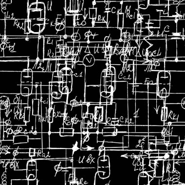 El yazısı formülleri ve elektronik bileşenleriyle bilimsel kusursuz doku. Tebeşir tahtalarına çeşitli grafik çözümlerinin çizimi. Fizik, şematik diyagram ve cihazların devreleri. Vektör. 