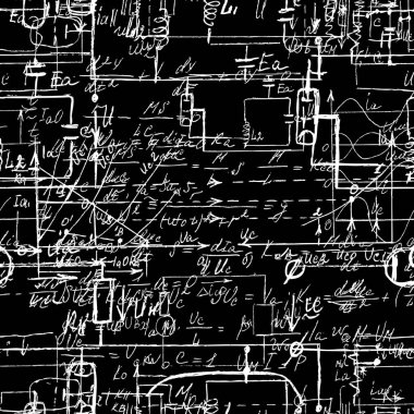 El yazısı formülleri ve elektronik bileşenleriyle bilimsel kusursuz doku. Tebeşir tahtalarına çeşitli grafik çözümlerinin çizimi. Fizik, şematik diyagram ve cihazların devreleri. Vektör. 