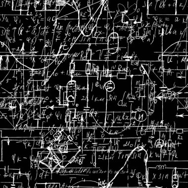El yazısı formülleri ve elektronik bileşenleriyle bilimsel kusursuz doku. Tebeşir tahtalarına çeşitli grafik çözümlerinin çizimi. Fizik, şematik diyagram ve cihazların devreleri. Vektör. 