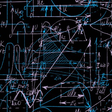 Matematik ve Geometri 'nin kusursuz deseni, sınırsız el yazısı ve tebeşir tahtalarına çeşitli grafik çözümlerinin çizimi. Matematik grafikleri inceler. Üniversite dersleri. Vektör. 