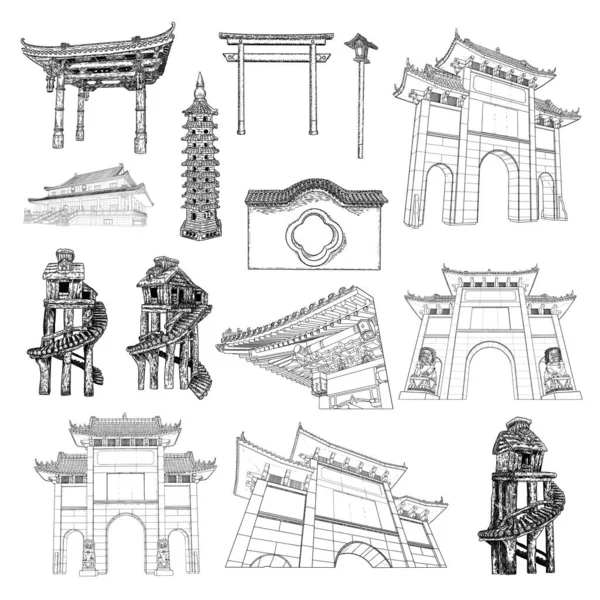 Kínai Pagoda Ázsiai Rúdlámpa Archway Kapuk Vagy Kapu Boltív Templom — Stock Vector