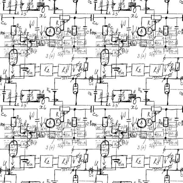 El yazısı formülleri ve elektronik bileşenleriyle bilimsel kusursuz doku. Fizik, şematik diyagram ve cihazların devreleri. Vektör. 
