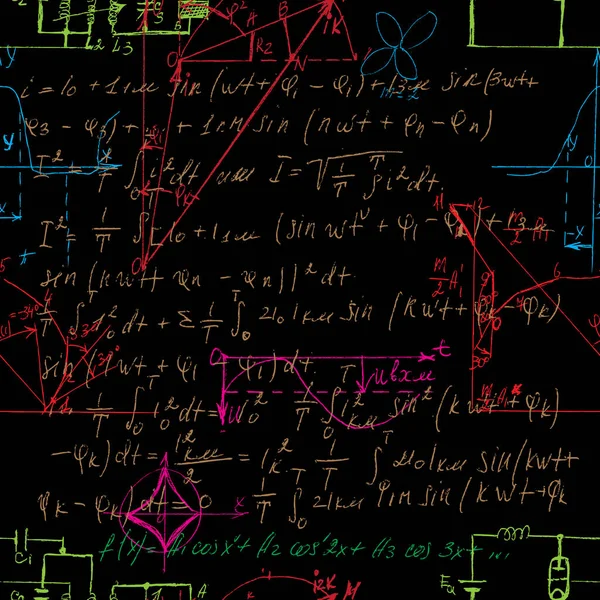 Scientific Seamless Color Background Handwritten Mathematical Physical Formulas Electronic Components — Stock Vector