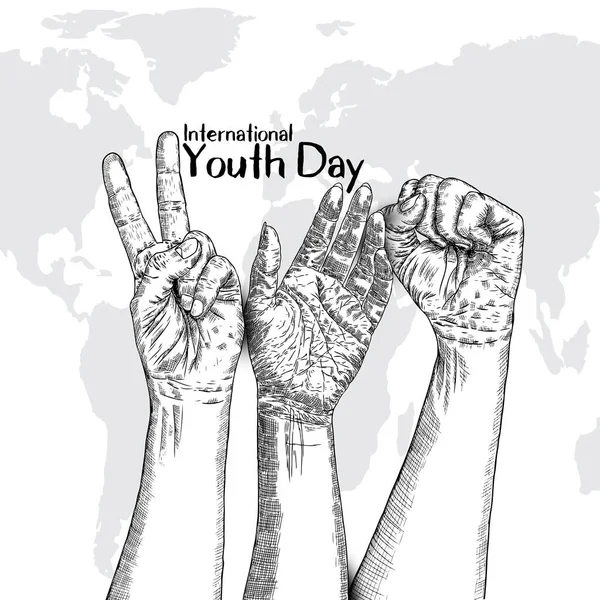 청소년의 International Youth Day 기념하는 날이다 손으로 스케치 우정의 디자인 — 스톡 벡터