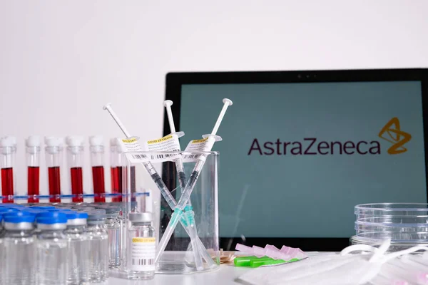 Toronto Ontario Canada April 2021 Astrazeneca Name Blur Vaccine Vials — Stock Photo, Image