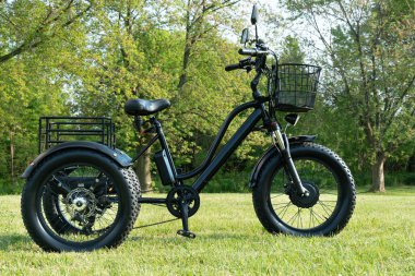 Güneşli yaz gününde parkta elektrikli trike veya e bisiklet. Yandan vurulmuş. Bir sürü ışıklandırma. Üç tekerlekli bisikletin e motor ve güç pilinin görünümü.