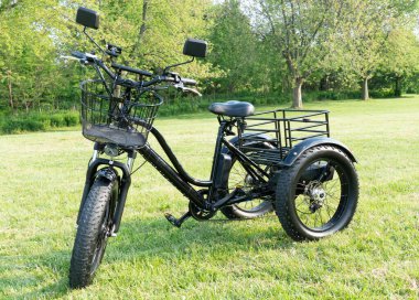 Front wheel side of the electric bicycle, view in sunny summer day in the  green grass. E bike motor with battery. Ecology and green energy concept. EV, electric vehicle.