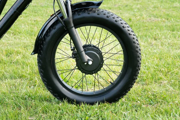 Wheel Electric Bicycle View Side Bike Motor Park Grass City — Stok fotoğraf