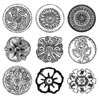 Taç yapraklı antika bir çiçek çizimi. Barok dekoratif tasarım unsurları, desen kapağı, kumaş, tekstil, ambalaj kağıdı için rokoko tarzı. Vektör.