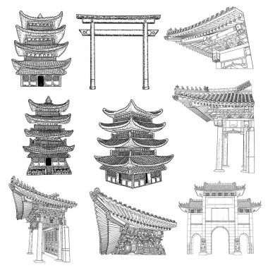 Çin ve Japon pagodası. Archway kapıları ya da bahçe kapısı kemeri. Japon Torii. Tapınak ya da Budist manastırı mimarisi. Ormanlar için ağaç ev. Hazır ol. Vektör.