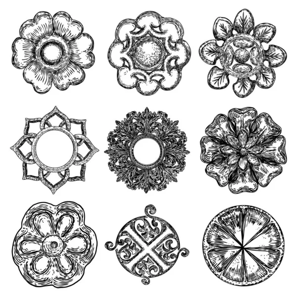 Flores Antiguas Dibujadas Con Pétalos Elementos Decorativos Diseño Estilo Barroco — Archivo Imágenes Vectoriales