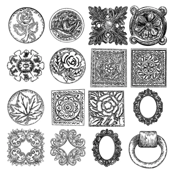 Conjunto Flores Cuadradas Circulares Elementos Marco Victoriano Barroco Pergamino Vintage — Archivo Imágenes Vectoriales