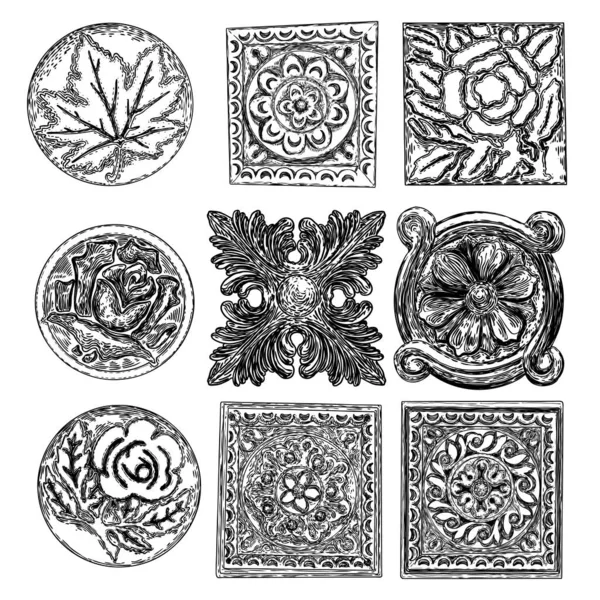 一套正方形和圆形的花朵 老式卷轴巴洛克维多利亚风格的框架元素 蔷薇或牡丹类花卉饰物盛开 雕刻复古 装饰图案为大理石石 — 图库矢量图片