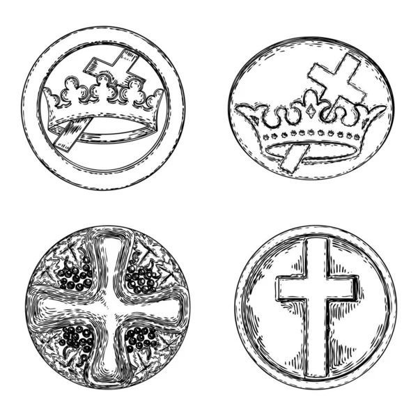 円形の装飾キリスト教の宗教の十字と王冠のデザイン 大理石の石に刻まれた宗教サークル十字架記号 セットベクトル — ストックベクタ