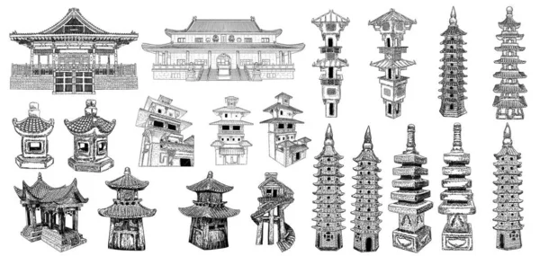 Tempel Eller Buddhistiska Kloster Helgedom Arkitektur Kinesiska Och Japanska Pagoda — Stock vektor