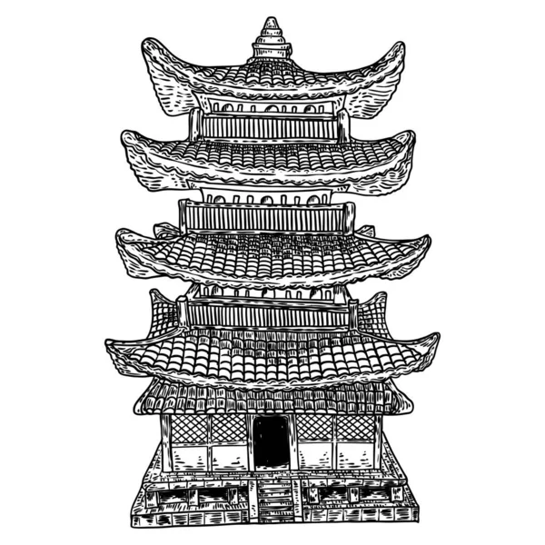 宗教日本の塔宮殿 木造日本の伝統的建築物 寺院の近くのバカ 階層と屋根の軒先と精神的な墓や記念碑 ベクトル — ストックベクタ