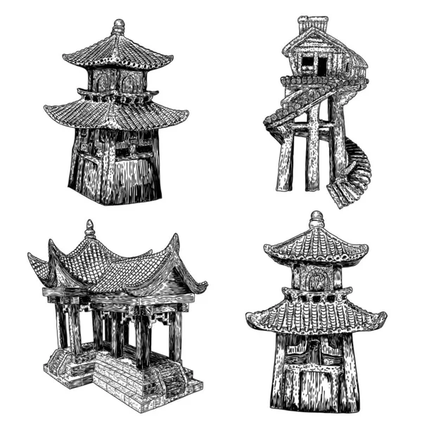 Conjunto Pagoda Japonesa Templo Chino Monasterio Buddhist Casa Del Árbol — Vector de stock