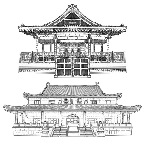 Santuario Japonés Templo Monasterio Budista Chino Casa Culto Tradicional Edificios — Vector de stock