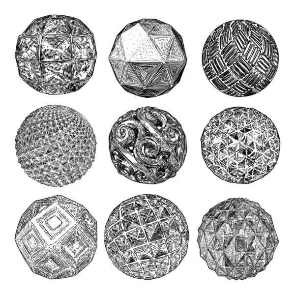 Set Bolas Decorativas Estilo Dibujado Mano Bolas Mágicas Abstractas Orbes — Vector de stock