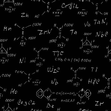 El yazısı kimya formülleri, kimyasal ilişkiler ya da sembollerle ifade edilen kurallar, çeşitli maddeler, bileşikler, atomlar, moleküller ve iyonlardan oluşan kusursuz bir düzen. Vektör.