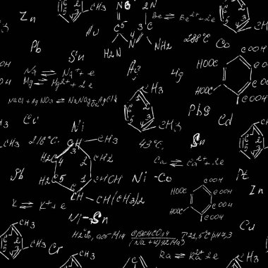 El yazısı kimya formülleri, kimyasal ilişkiler ya da sembollerle ifade edilen kurallar, çeşitli maddeler, bileşikler, atomlar, moleküller ve iyonlardan oluşan kusursuz bir düzen. Vektör.