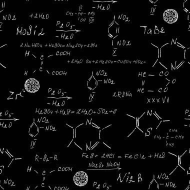 El yazısı kimya formülleri, kimyasal ilişkiler ya da sembollerle ifade edilen kurallar, çeşitli maddeler, bileşikler, atomlar, moleküller ve iyonlardan oluşan kusursuz bir düzen. Vektör.