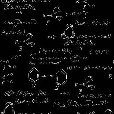 El yazısı kimya formülleri, kimyasal ilişkiler ya da sembollerle ifade edilen kurallar, çeşitli maddeler, bileşikler, atomlar, moleküller ve iyonlardan oluşan kusursuz bir düzen. Vektör.