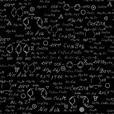 Okulun tebeşir tahtasında kusursuz kimya karalamaları var. Karatahta formülleri. Eğitim ve okula dönüş kavramı. El yazısı, sonsuz desen moleküller yapılar birbirine bağlanır. Vektör.
