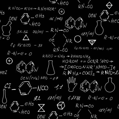Okulun tebeşir tahtasında kusursuz kimya karalamaları var. Karatahta formülleri. Eğitim ve okula dönüş kavramı. El yazısı, sonsuz desen moleküller yapılar birbirine bağlanır. Vektör.