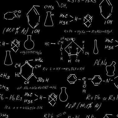 Okulun tebeşir tahtasında kusursuz kimya karalamaları var. Karatahta formülleri. Eğitim ve okula dönüş kavramı. El yazısı, sonsuz desen moleküller yapılar birbirine bağlanır. Vektör.
