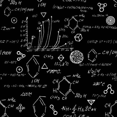 Okulun tebeşir tahtasında kusursuz kimya karalamaları var. Karatahta formülleri. Eğitim ve okula dönüş kavramı. El yazısı, sonsuz desen moleküller yapılar birbirine bağlanır. Vektör.