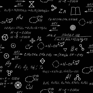 El yazısı kimya formülleri, kimyasal ilişkiler ya da sembollerle ifade edilen kurallar, çeşitli maddeler, bileşikler, atomlar, moleküller ve iyonlardan oluşan kusursuz bir düzen. Vektör.