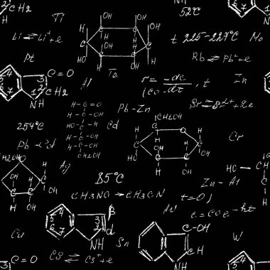 El yazısı kimya formülleri, kimyasal ilişkiler ya da sembollerle ifade edilen kurallar, çeşitli maddeler, bileşikler, atomlar, moleküller ve iyonlardan oluşan kusursuz bir düzen. Vektör.