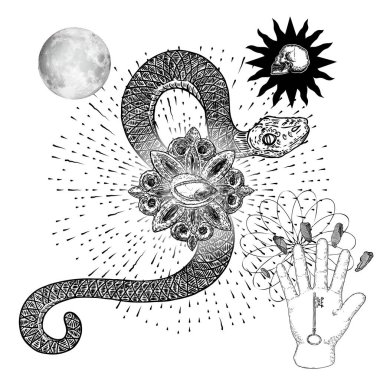 Yılan, dolunay, siyah güneş, kafatası, el, anahtar ve sihirli taşlarla ışık huzmesindeki göz sembolü elementleri. Simya, din, maneviyat ve okültizm dövme sanatı. El çizimi. Vektör.