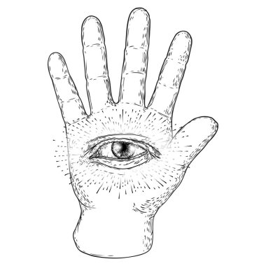 Falcı eli. Gören gözlerle el falı. Sihirli simya ruhani sembolü. Gizemli ve esrarengiz elle çizilmiş el yazısı. Vektör.