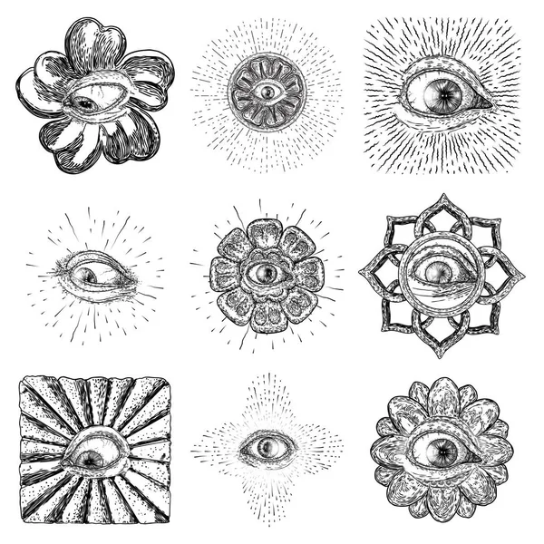 Набор Различных Рисунков Всевидящего Глаза Разных Направлениях Эмоциях Символ Масонов — стоковый вектор