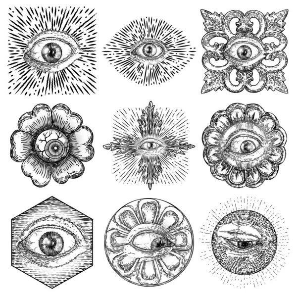 Набор Элементов Символов Видящие Глаза Алхимия Религия Духовность Искусство Татуировки — стоковый вектор