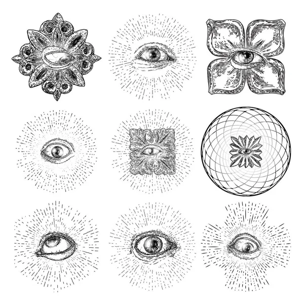 Conjunto Varios Dibujos Del All Seeing Eye Diferentes Direcciones Emociones — Archivo Imágenes Vectoriales