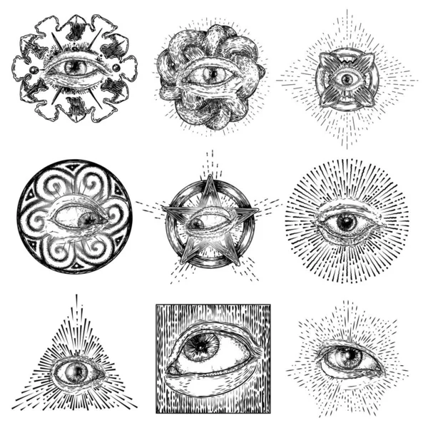 Набор Элементов Символов Видящие Глаза Алхимия Религия Духовность Искусство Татуировки — стоковый вектор