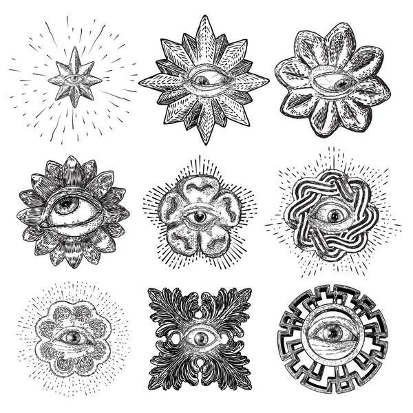 Conjunto Varios Dibujos Del All Seeing Eye Diferentes Direcciones Emociones — Vector de stock