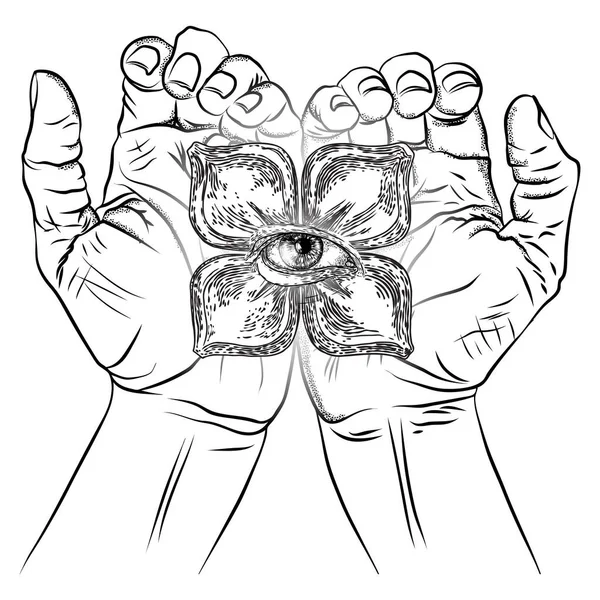 Fortune Teller Mãos Mãos Bruxa Com Todos Olhos Símbolos Místicos — Vetor de Stock