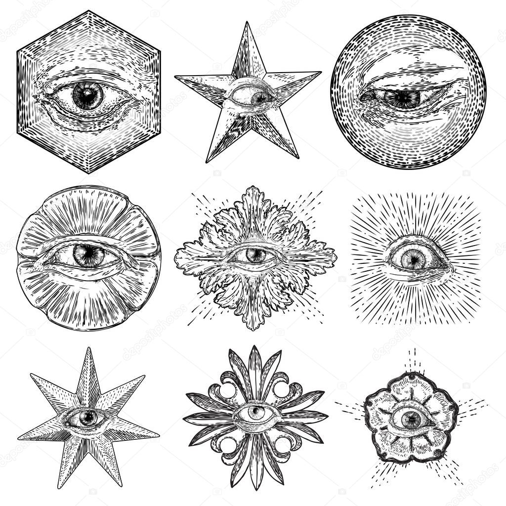 Set of All Seeing Eye symbols elements variation. Alchemy, religion, spirituality and occultism tattoo ink art. Vision of providence and conspiracy theory. Hand drawing in flash tattoo artwork. Vector