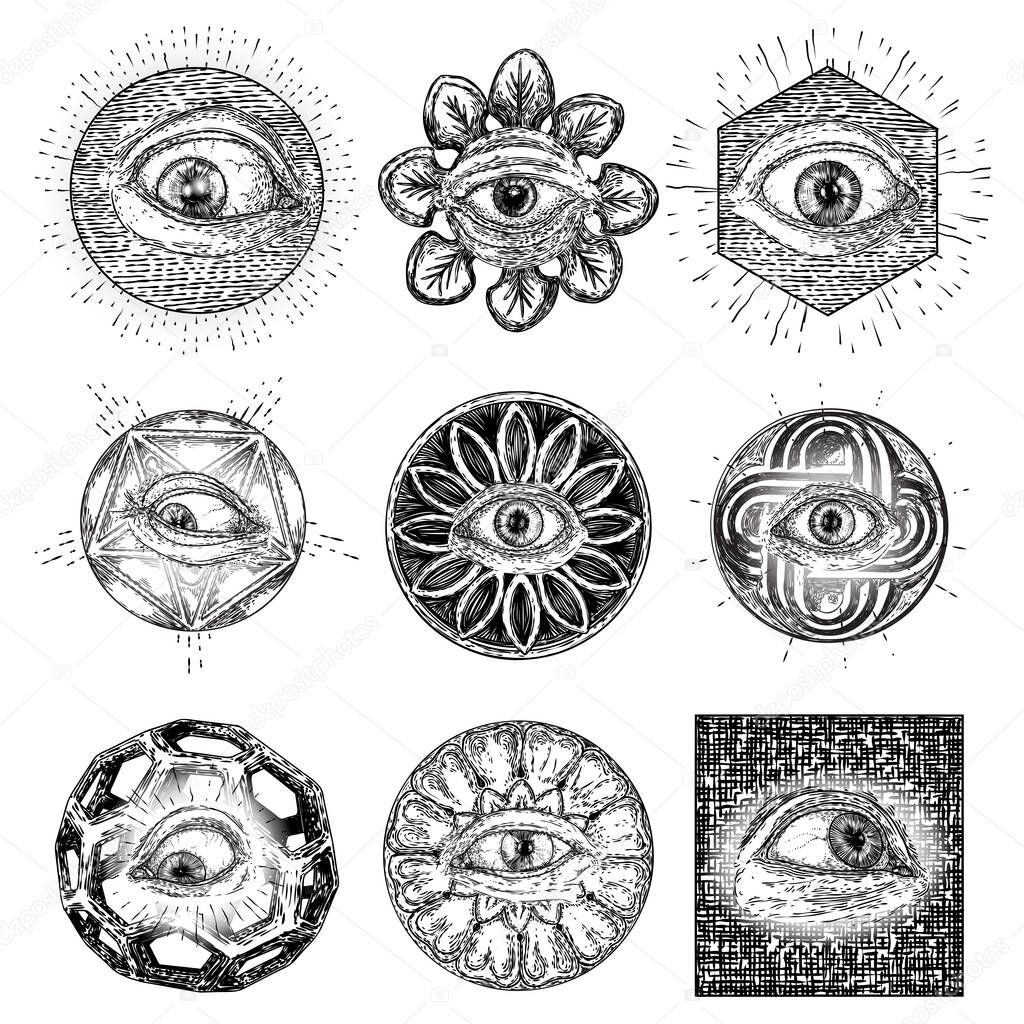 Set of All Seeing Eye symbols elements variation. Alchemy, religion, spirituality and occultism tattoo ink art. Vision of providence and conspiracy theory. Hand drawing in flash tattoo artwork. Vector