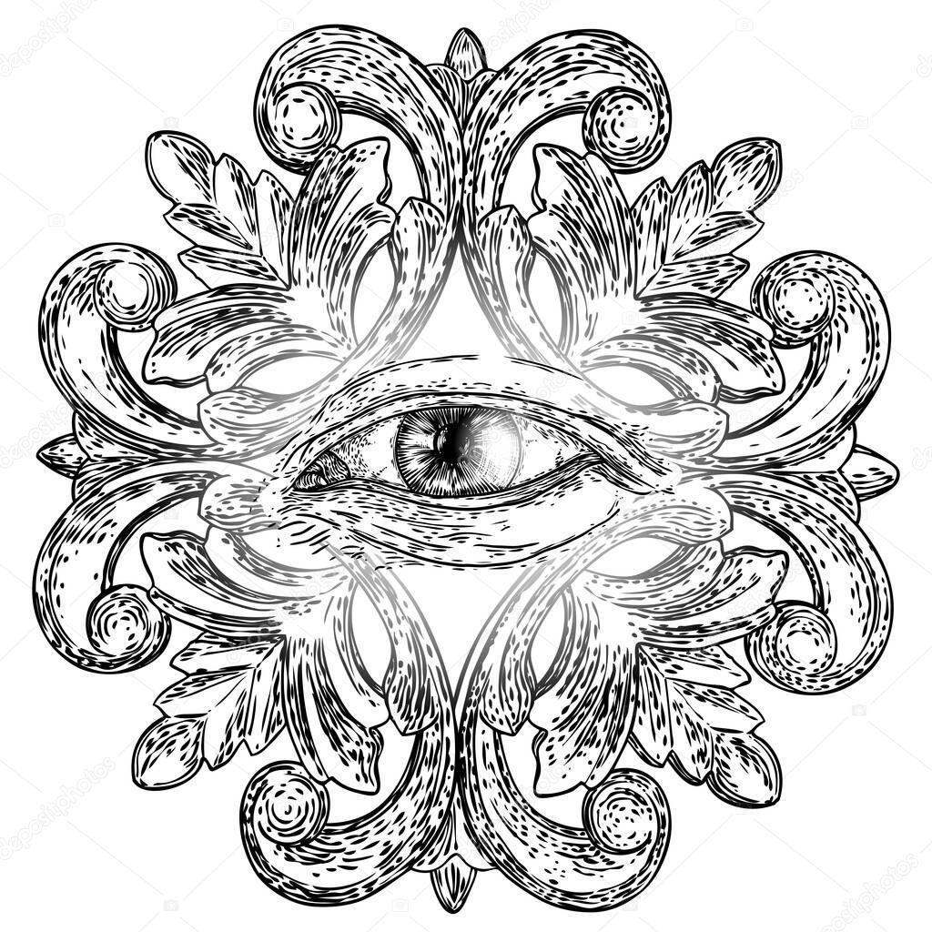Mystic or all seeing eye drawing ink hand style. Conspiracy Illuminati theory.  Eye of Providence on the decorative background. Alchemy, religion, spirituality and occultism tattoo ink art. Vector.